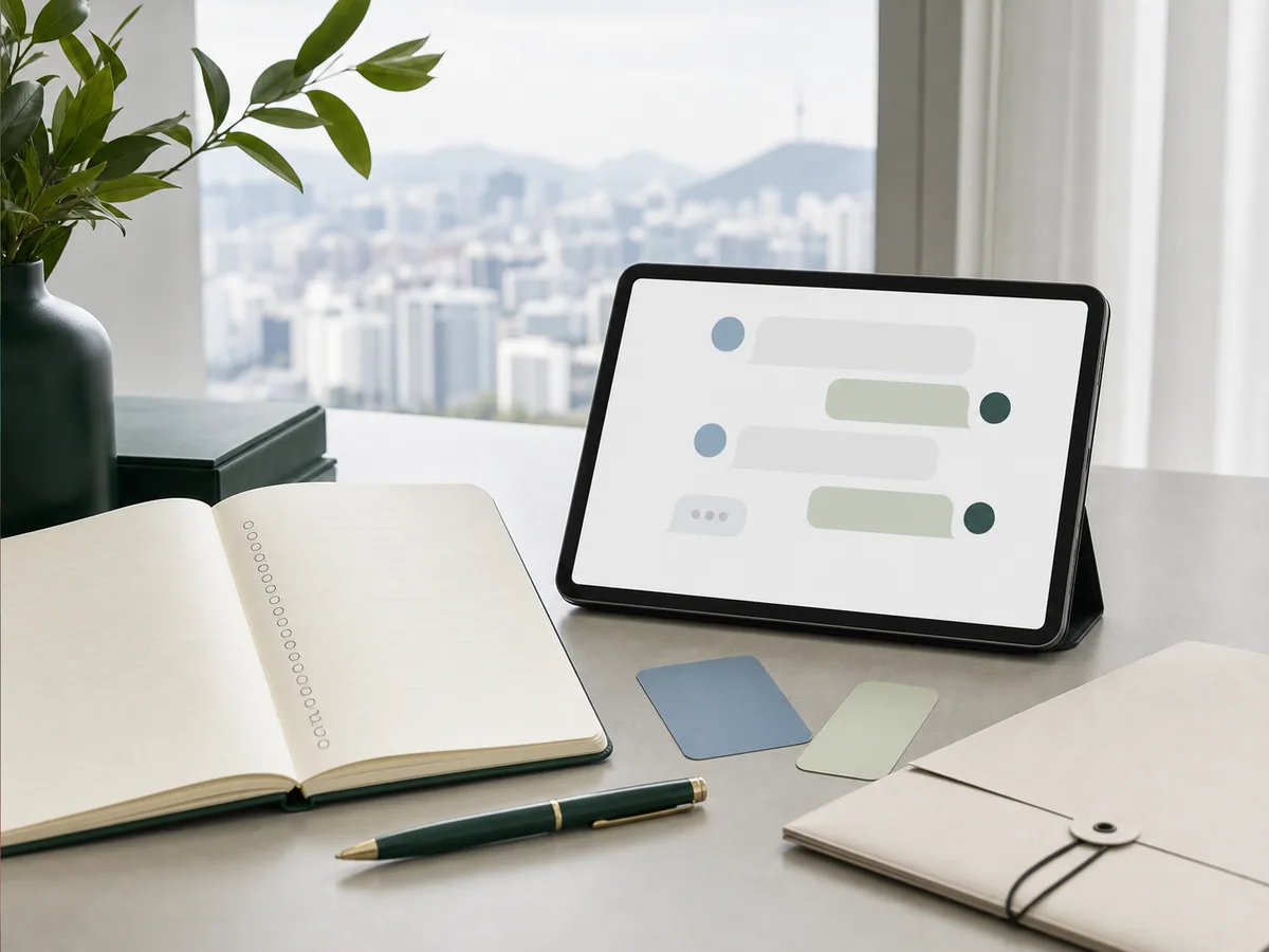 Blank consultation brief beside an abstract multilingual chat screen