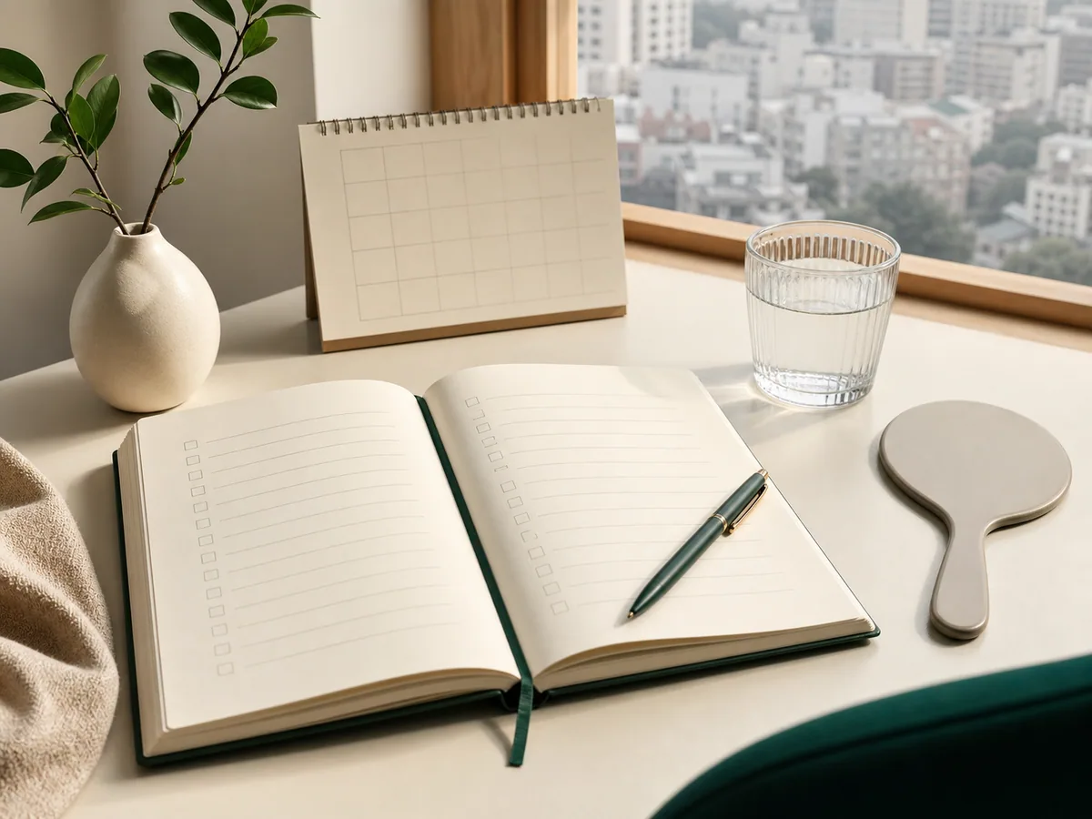 Consultation checklist, calendar and mirror beside a Seoul window