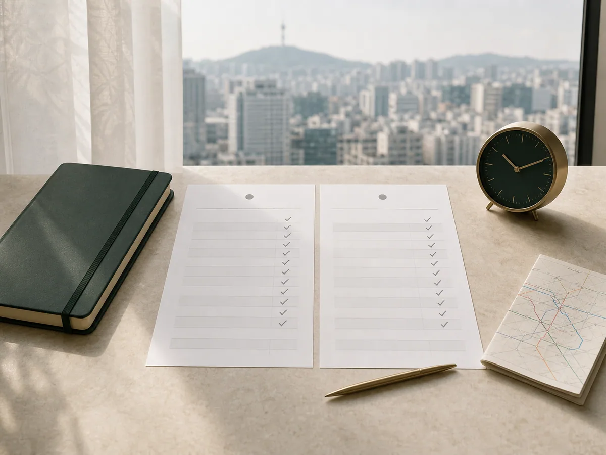 Two comparison sheets, a travel clock and a Seoul map on a planning desk