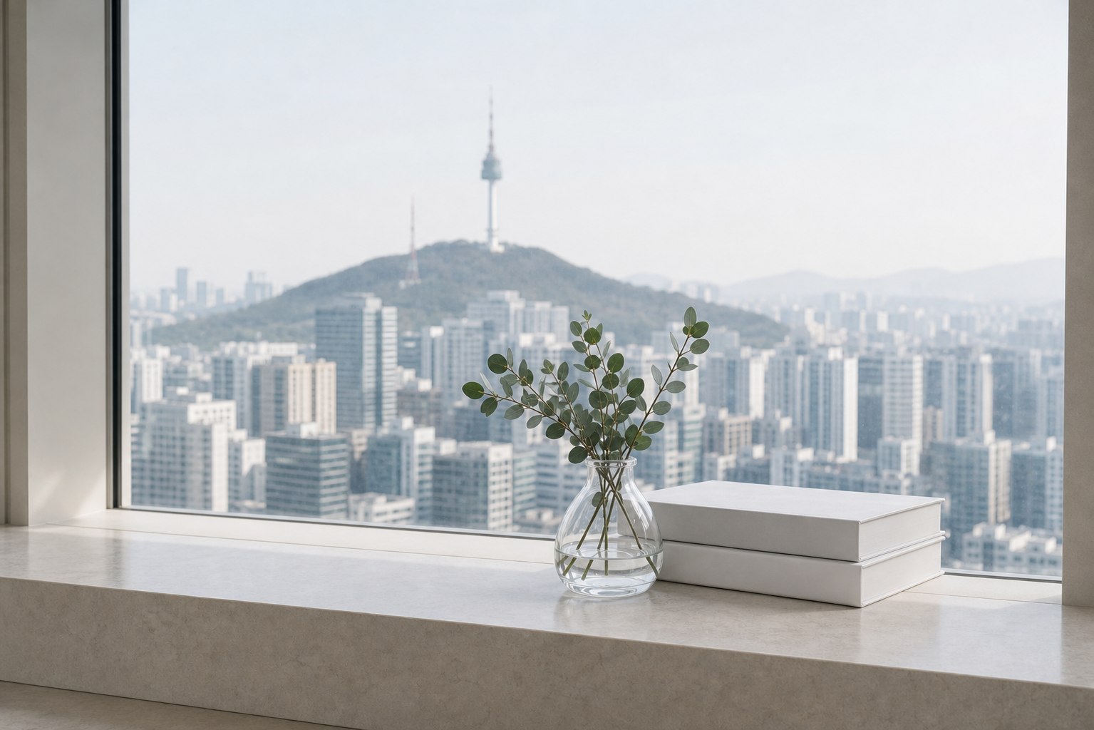 A calm Seoul consultation space overlooking Namsan Tower
