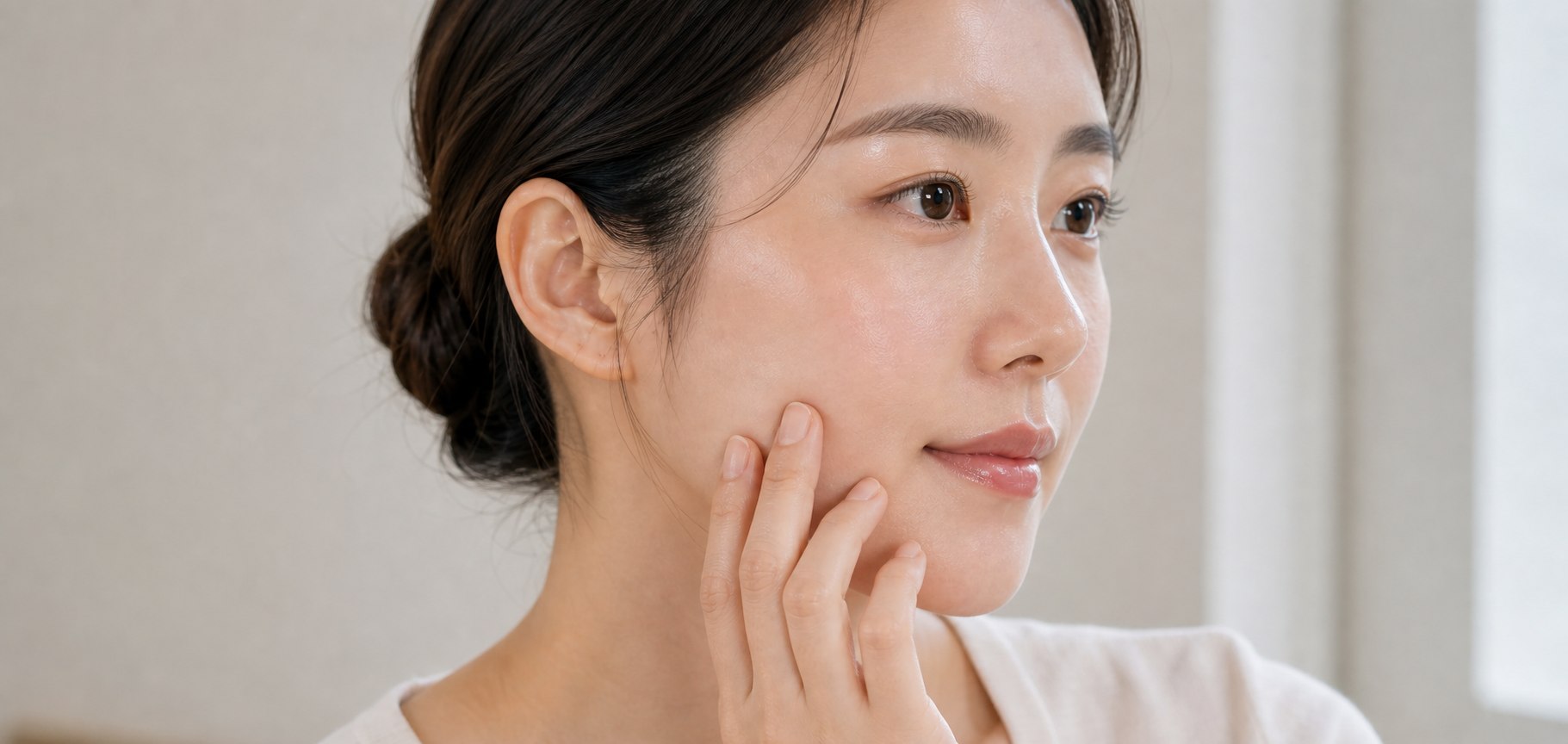 Woman considering her skin goals in natural daylight